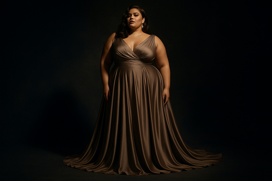 Elegant plus-size model in a floor-length evening gown, dark moody backdrop, spotlight effect.